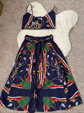 Zara Navy Crop Top & Printed Midi Skirt Set with Green and Red Accents